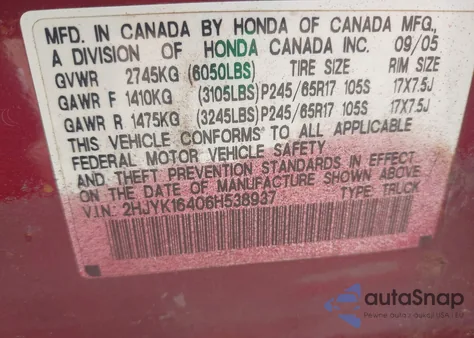 2006 Honda Ridgeline Rts из США, поврежденный, VIN 2HJYK16406H538937